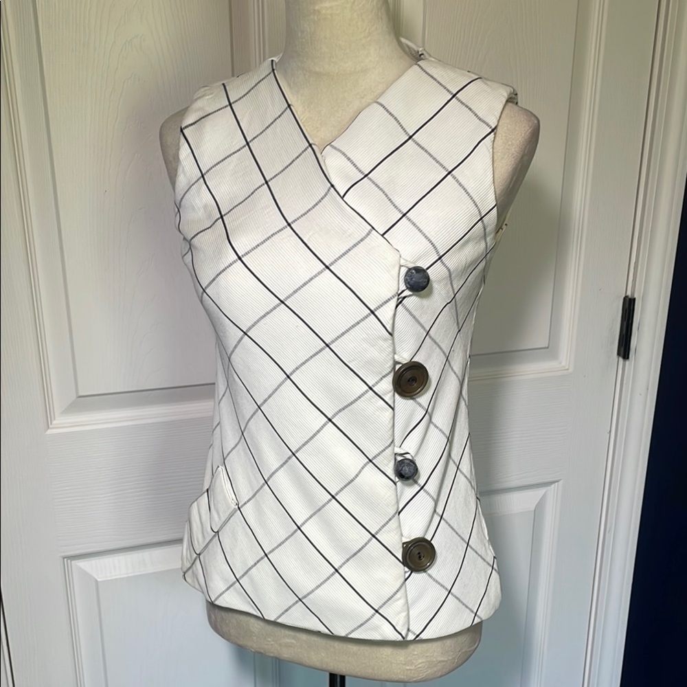 Vintage White‎ Fitted Vest Top Statement Eclectic Buttons Small
